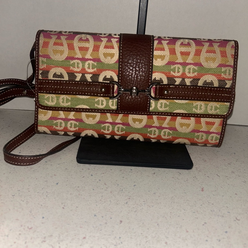 Etienne Aigner Multicolor Logo Canvas Wristlet with Brown Leather Trim - Picture 2 of 12